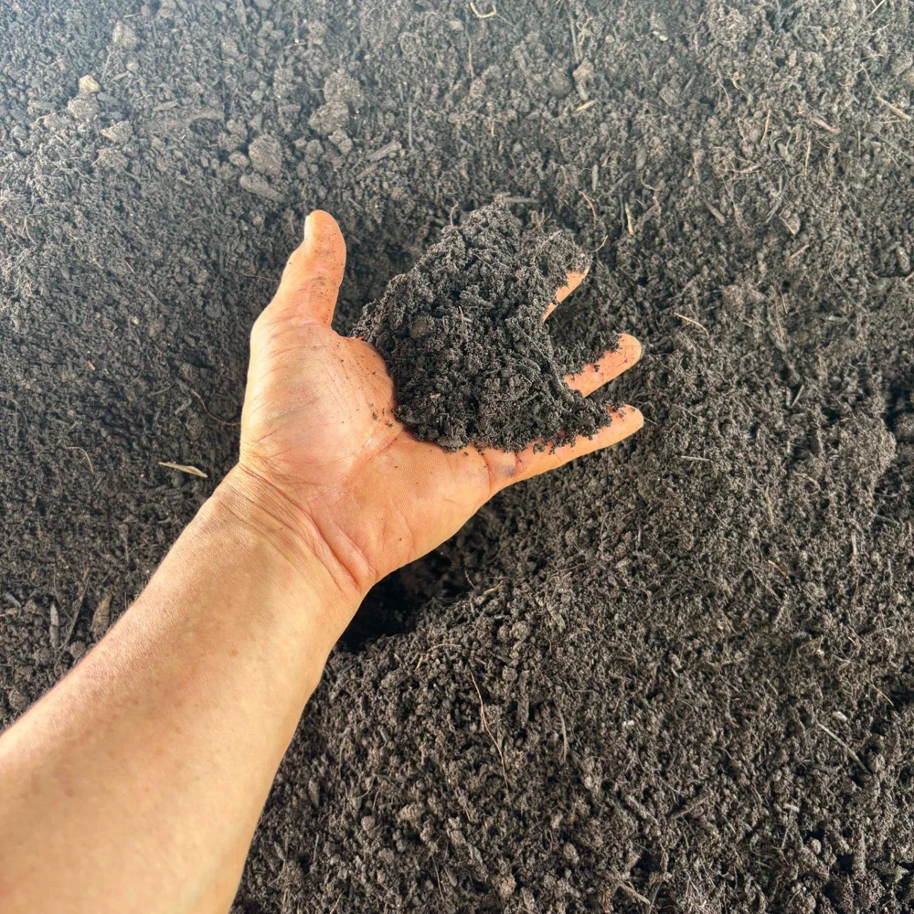 A handful of Small Kine Farm organic mushroom compost